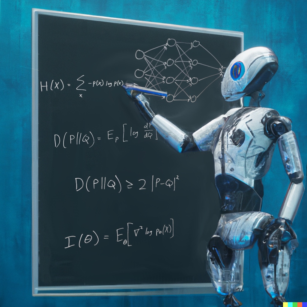 An image of a robot writing information theory equations on a blackboard