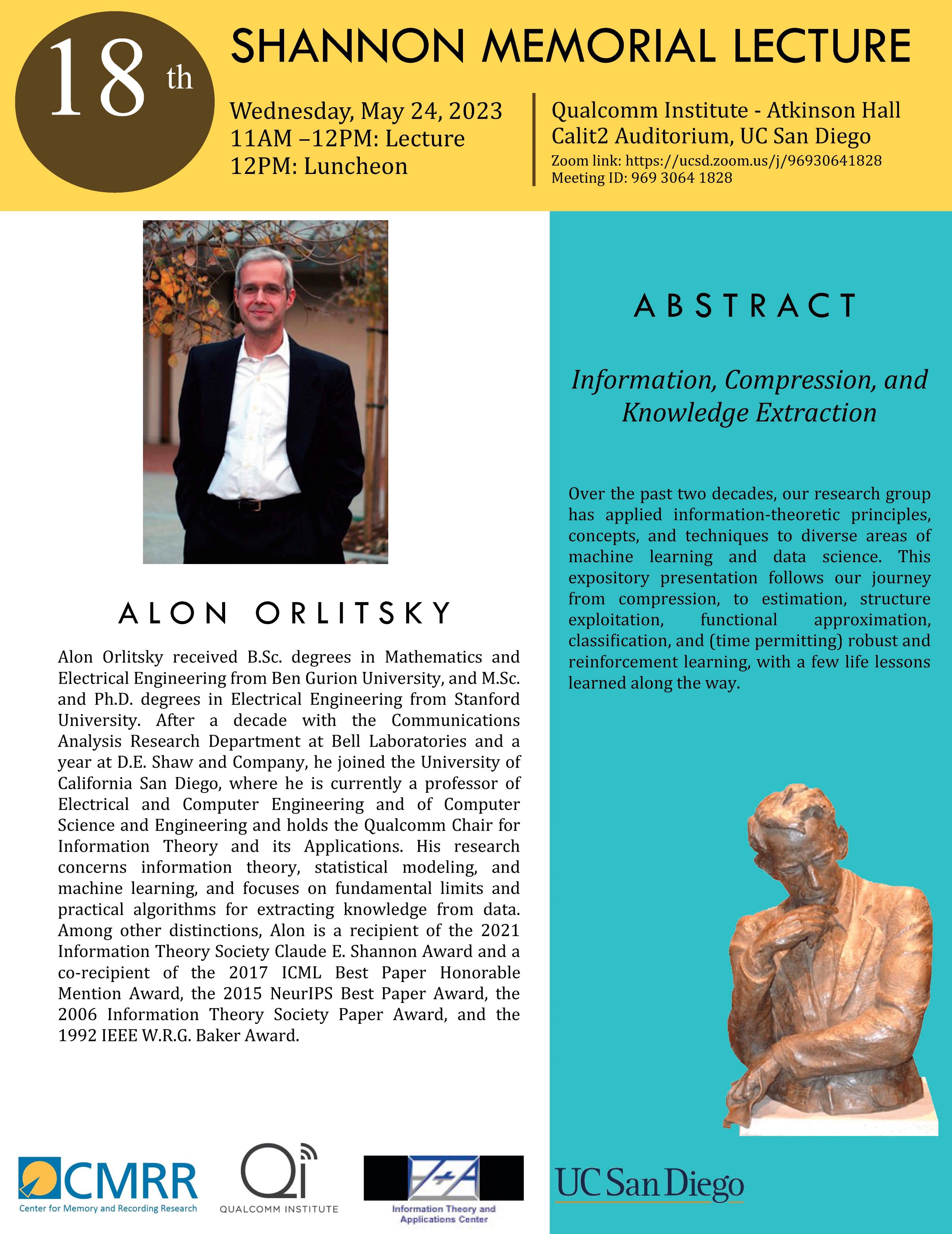 18th Annual Shannon Memorial Lecture @ UCSD - Prof. Alon Orlitsky